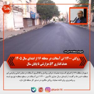 روکش ۱۱۴۰۰ تن آسفالت در منطقه ۱۶ از ابتدای سال ۱۴۰۵ / هدف‌گذاری ۵۳ هزار تنی تا پایان سال